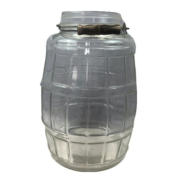 Vintage Glass Barrel Style General Store Pickle Jar Wire & Wood Handle No Lid - Picture 1 of 11